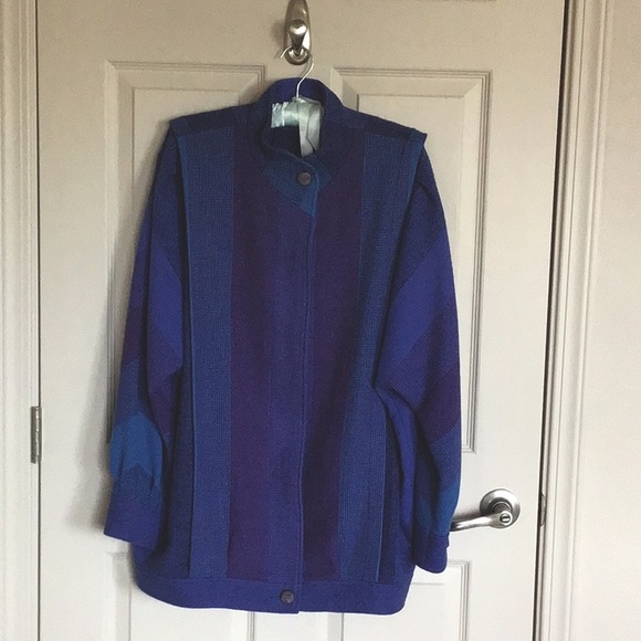 Women’s woven wool coat from Ireland size M blue teal purple stripe - Picture 1 of 5